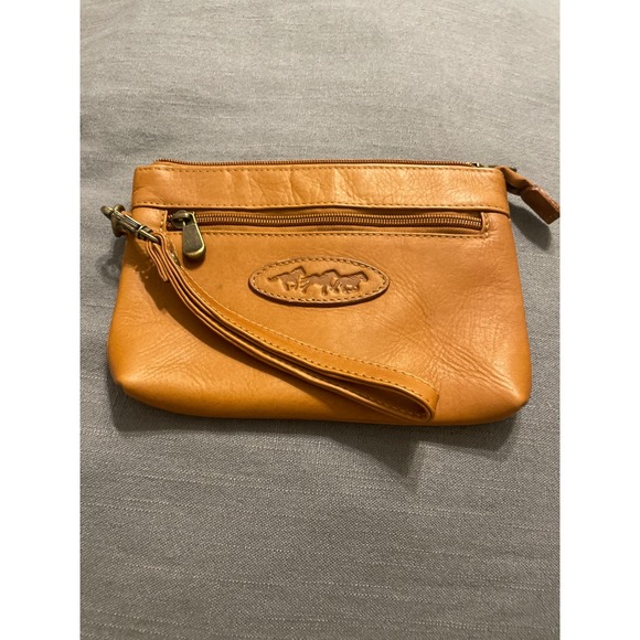 The Unbranded Brand Handbags - Western Tan Leather Wristlet Clutch Horse Embossed Pouch Bag Brass Hardware